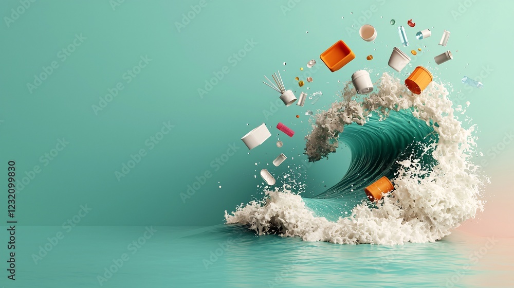 Poster dynamic wave action with floating objects coastal environment digital art vibrant colors creative co