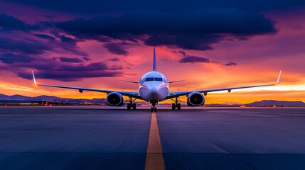 Airplane on Runway at Sunset with Dramatic Sky and Mountains in Background, Capturing Travel Vibes