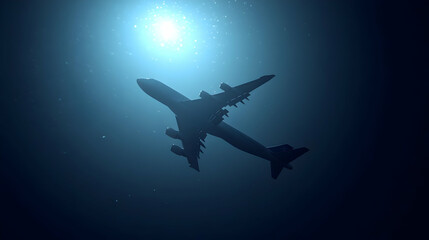 Plane descending, ocean background, sunlit surface. Travel brochure