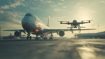 Drone inspecting airplane on runway at sunset