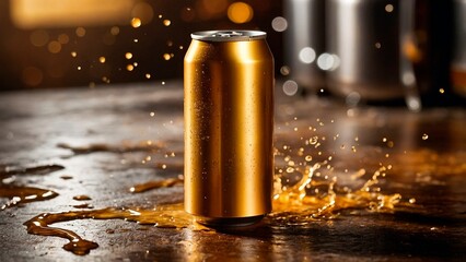 Mockup of a blank golden yellow aluminium soda can covered in water dew droplets surrounded by beer splashes on a wet table. Beverages drinks package design template.