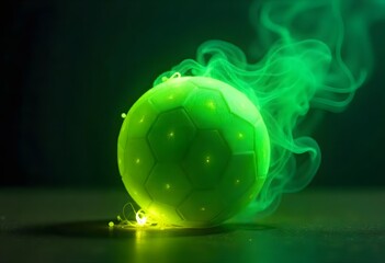 Fototapeta premium Glowing Green Soccer Ball: Mystical Smoke and Light