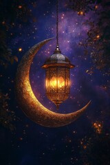 A Glowing Lantern Hangs From A Crescent Moon Against A Starry Night Sky, Evoking A Magical, Peaceful Atmosphere.