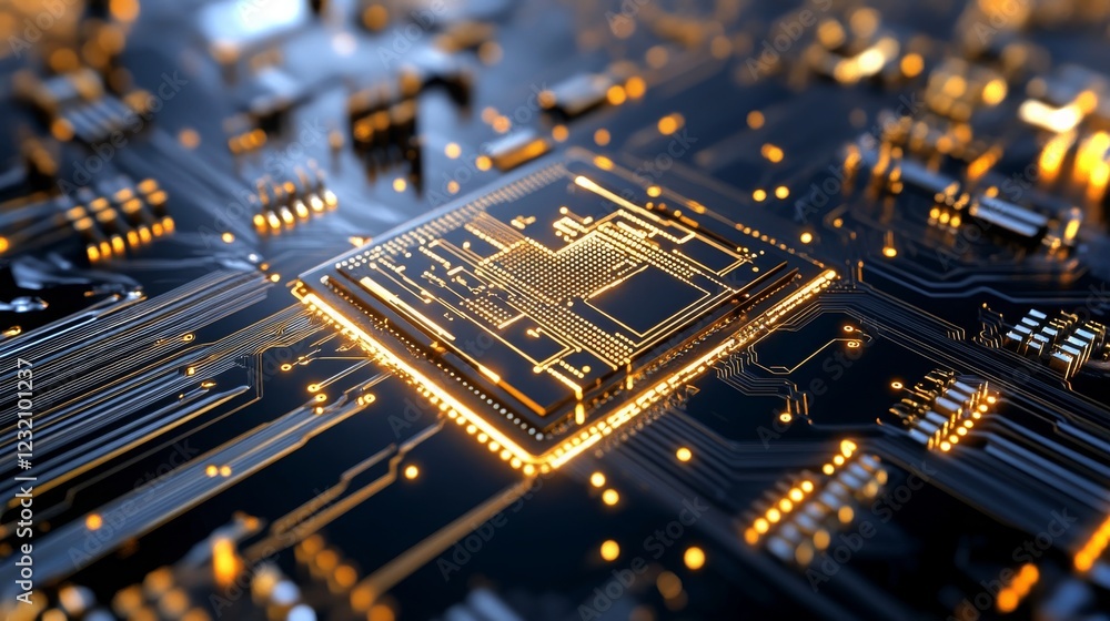 Poster exploring the intricate details of an advanced circuit board design with glowing components