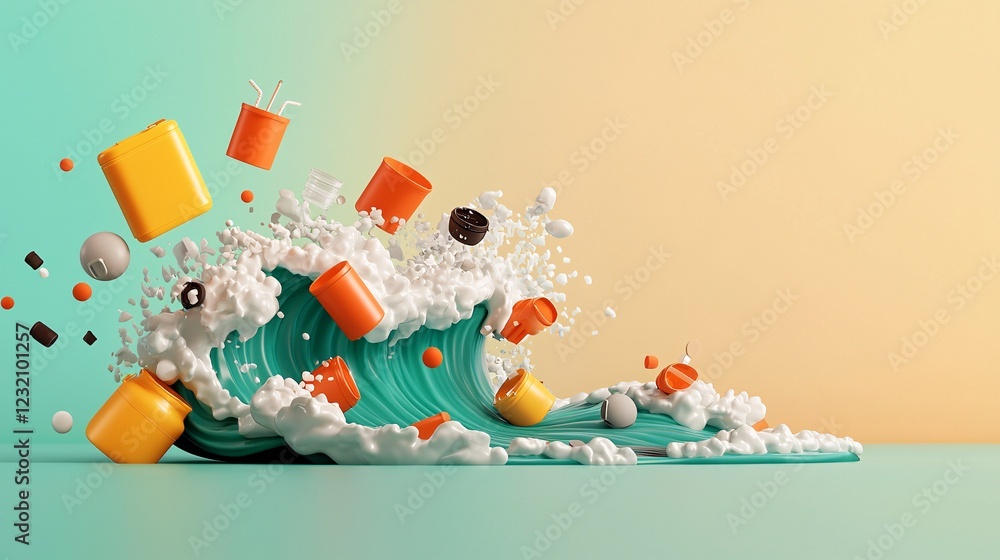 Poster dynamic wave of colorful objects surging digital art creation abstract environment playful viewpoint