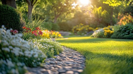 Obraz premium Landscaped garden displays natural stone pathways bordered by rock gardens, featuring ornamental grasses with white, red, and yellow blooms amid filtered sunlight through trees.