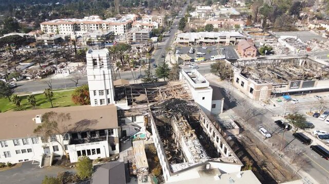 Altadena buildings damaged by fire, aerial view