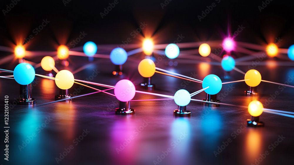 Poster abstract network concept with glowing colorful spheres interconnected by thin lines, reflecting on a