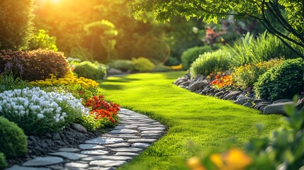 Obraz premium Landscaped garden displays natural stone pathways bordered by rock gardens, featuring ornamental grasses with white, red, and yellow blooms amid filtered sunlight through trees.