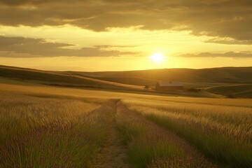 Fototapeta premium A field of lavender under a golden sunset