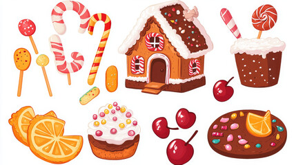 christmas sweets, desserts and bakery set. Gingerbread house, cookies, candy canes, lollipop, cherry, orange slice, Decorated sweet pastry isolated game ui elements, Cartoon Vector illustration,