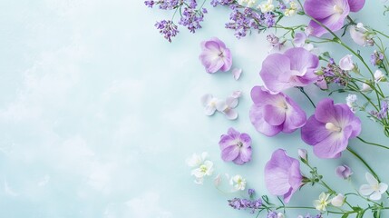 Fototapeta premium Subtle purple and teal floral arrangement with vintage grain textures and ample copy space. Generative AI