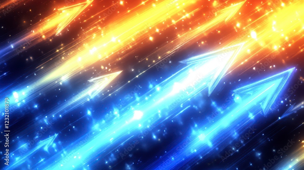 Poster abstract background with dynamic blue and orange glowing arrows, sparkling particles, and a dark bac