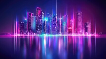 Vibrant Colorful City Skyline with Reflective Water and Lights