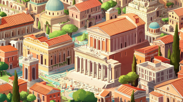 Parallax background Ancient Rome city isometric cartoon cityscape. Separated vector layers of Capitol, basilica, Castrum, Medicorum, Harbor, Roman Amphitheater, forum, taberna and insula buildings