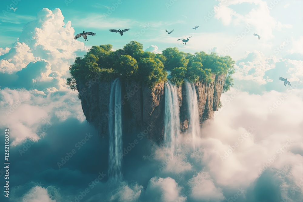 Poster A floating island with waterfalls cascading into the clouds, surrounded by flying creatures