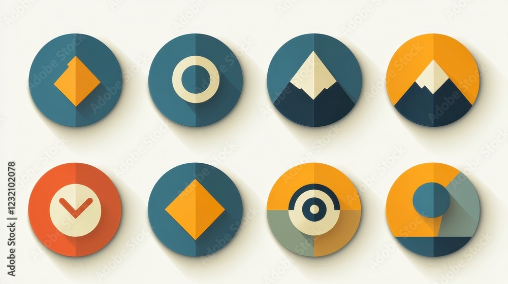 Poster collection of eight circular icons featuring geometric shapes, nature scenes, and checkmarks. flat d