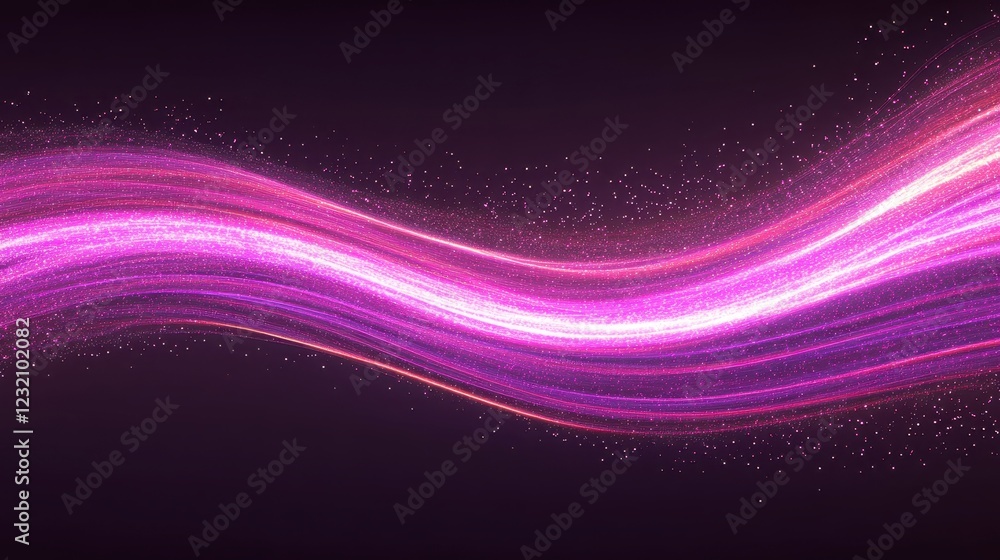 Poster abstract image of a vibrant purple and pink light wave with sparkling particles on a dark background
