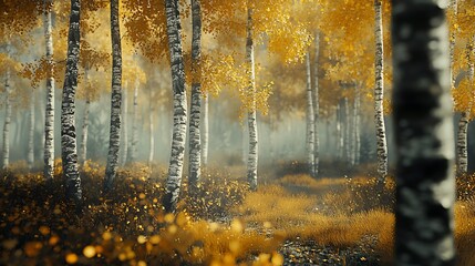 A serene autumn forest with birch trees and golden foliage.
