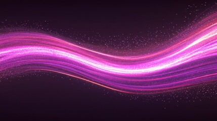 Abstract image of a vibrant purple and pink light wave with sparkling particles on a dark background. The wave flows dynamically across the frame