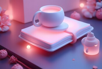Serene Teacup on Illuminated Book: A Soft Pink 3D Render