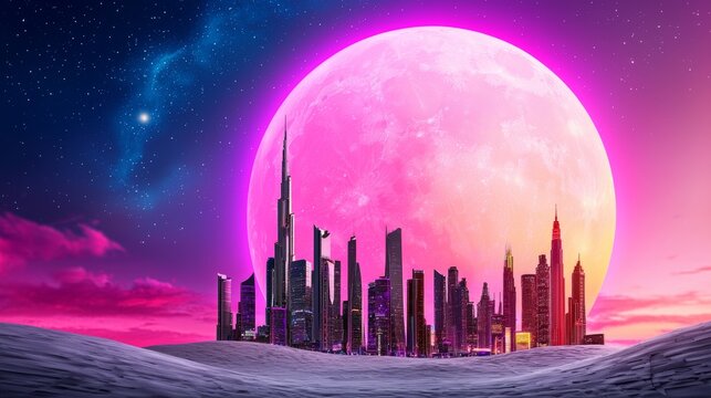Futuristic Cityscape Pink Moon Desert Night Sky - Powered by Adobe