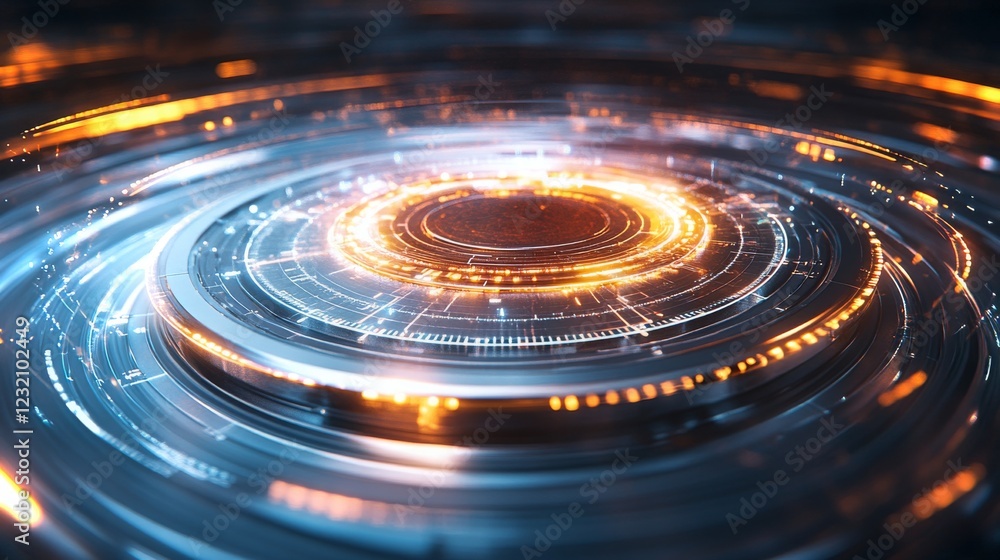 Poster dynamic circular design featuring glowing light patterns in a futuristic digital environment