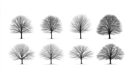 Obraz premium Collection of eight stylized black and white tree illustrations, isolated on a white background. Each tree has a unique, slightly different shape and