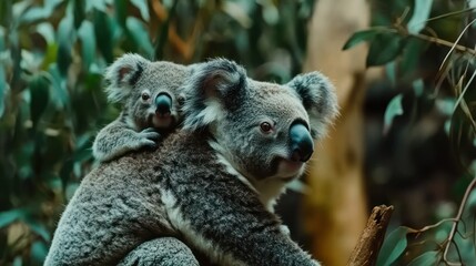 Koala Mother and Baby Clinging Together in Nature