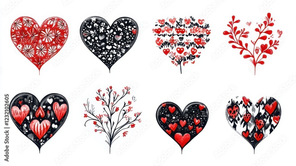 Poster collection of eight unique heart shaped designs. each heart shows a different pattern of small red a