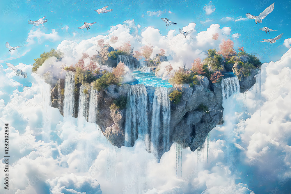 Poster A floating island with waterfalls cascading into the clouds, surrounded by flying creatures
