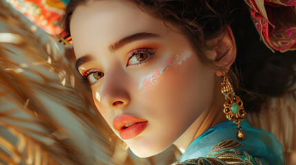 beauty portrait with cultural attire, soft pastel tones, creative lighting, detailed textures, professional retouching, captivating focus