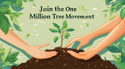 an illustration of hands gently planting a small tree sapling in fresh soil
