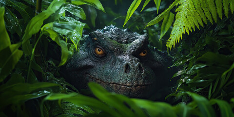 Dinosaur Head Partially Obscured by Rainforest Vegetation