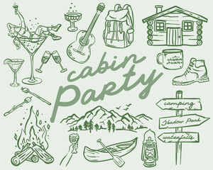 Beautiful whimsical hand drawn style Cabin Party illustration set, vector element collection