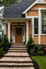 Obraz premium Stunning Home Exterior with Stone Steps and Landscaping. Beautiful architecture and design details. Real Estate photography