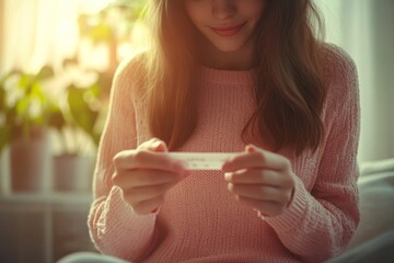 Close-up young woman checking on the pregnancy test and the result is positive