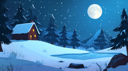 Fototapeta premium Village house on hill with snow and frozen pond at night. Vector cartoon illustration of winter landscape of countryside with small wooden cottage, coniferous trees, ice on lake and moon in sky