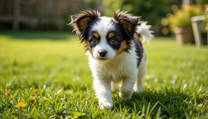 Obraz premium border collie puppy, Cute purebred Border Collie puppy playing and training outdoors in the nature on a sunny day. 