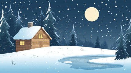 Naklejka premium Village house on hill with snow and frozen pond at night. Vector cartoon illustration of winter landscape of countryside with small wooden cottage, coniferous trees, ice on lake and moon in sky