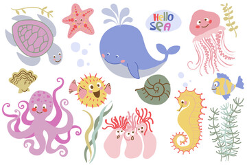Set with hand drawn sea life elements. Sea animals. Set of cute sea life objects for your design. Vector