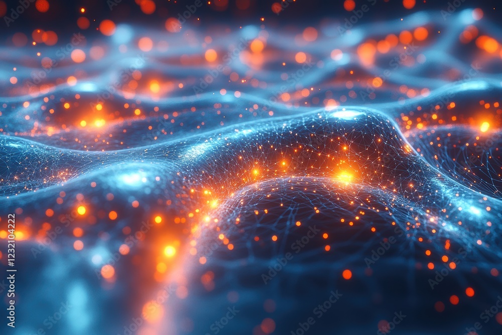 Poster Vibrant abstract wave of glowing particles, illuminating a digital landscape with shimmering lights. Perfect for showcasing innovation and modernity.
