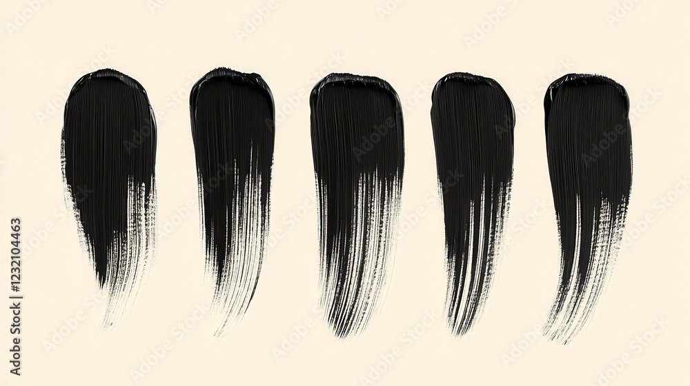 Poster five vertical black paint strokes on a beige background, each stroke showing texture and slight vari