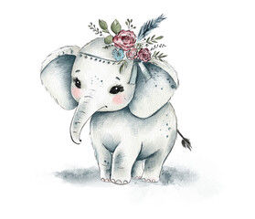 Cute Baby Elephant with Floral Headband Illustration
