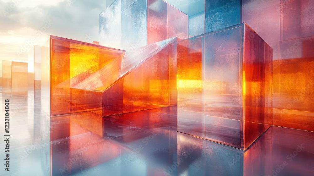 Fototapete Vibrant and abstract composition of translucent blocks reflecting colorful light, creating a surreal landscape of color and shape in a minimalist style.