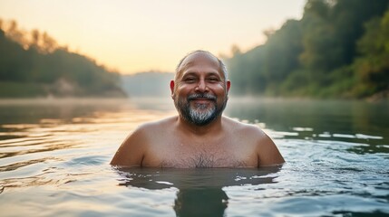 bare chested man smiles in river during soft sunrise, surrounded by misty nature. serene atmosphere evokes sense of peace and tranquility