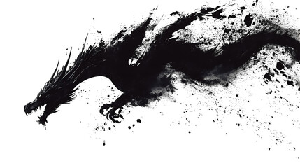 A dynamic paint splash forming the silhouette of a dragon isolated on a transparent background
