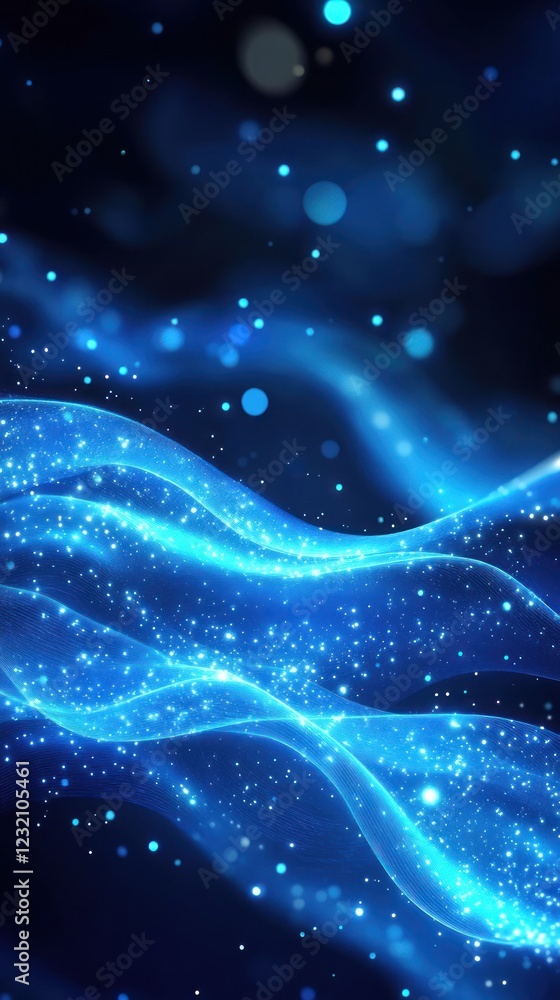 Fototapete blue glowing abstract waves with shimmering particles for background use in a digital display