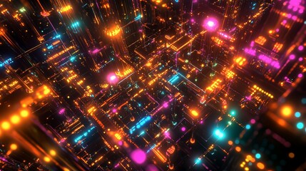 Obraz premium Futuristic neon city, glowing circuits, digital landscape, abstract background, tech concept