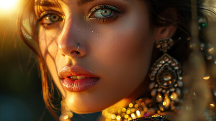 Fototapeta premium beauty portrait with jewelry, ethereal glow, creative lighting, detailed textures, professional retouching, captivating focus